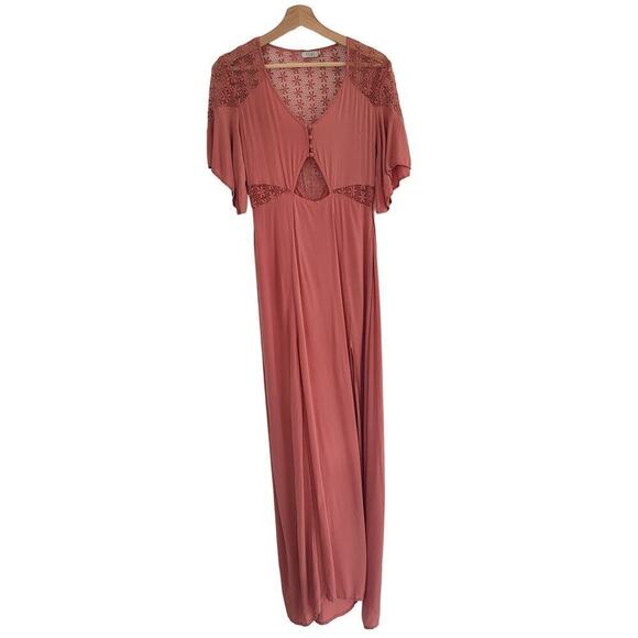Tobi Coral Pink Lace Cuttout Button Front Accent Sheere Back Slit Maxi Dress S - Picture 7 of 15